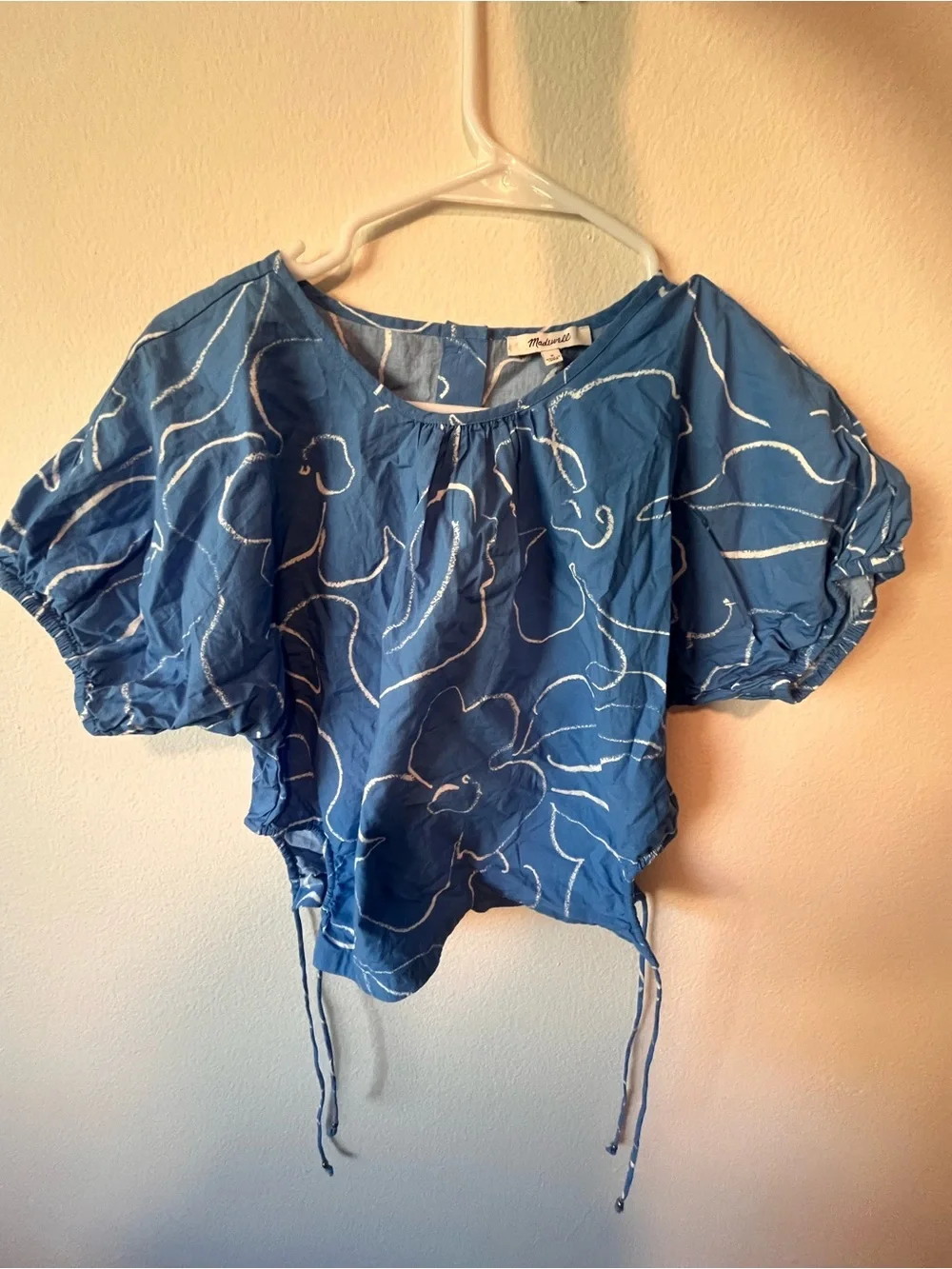 Madewell Blue Floral Drawstring Puff Sleeve Crop Top